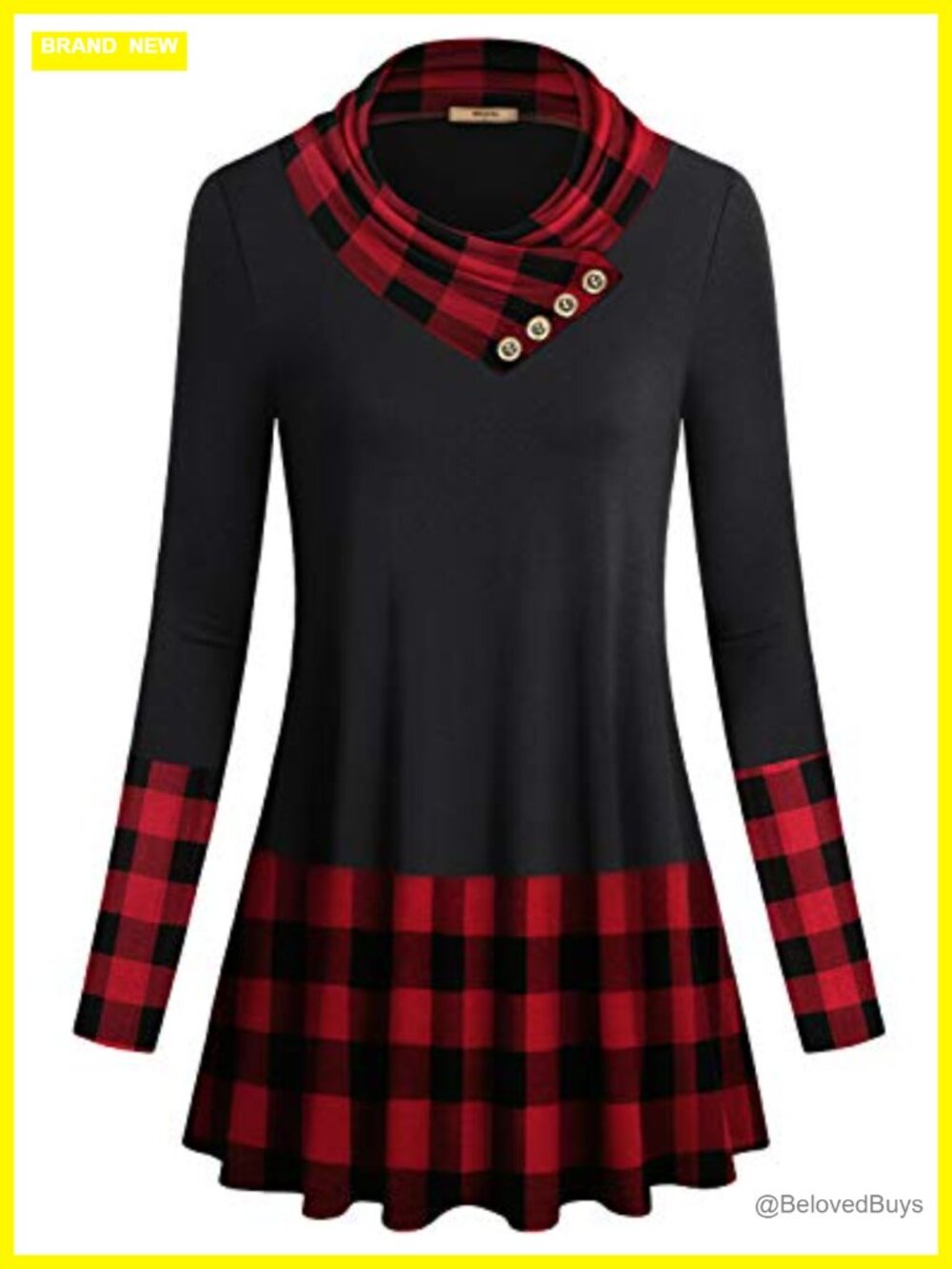 Womens Cowl Neck Long Sleeve Tunic Top Plaid Slim Fit Casual Blouse